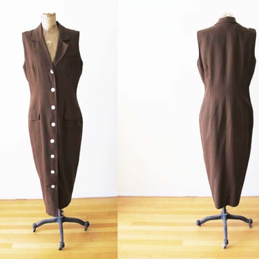 Vintage 90s Brown Linen Maxi Dress M - 1990s Button Front Sleeveless Cocoon Sheath Dress - Minimalist Natural Fiber Womens Dress 