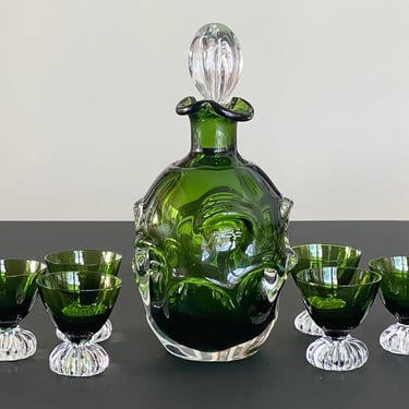 Vintage Aseda Bo Borgstrom Green Glass Decanter and Cordials Set Sweden 