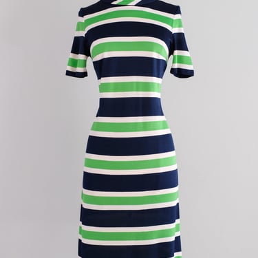 Vintage late 1960's Preppy Navy & Green Mod Striped Shift Dress / S