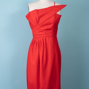 Stunning 1980s Victor Costa Red Asymmetrical One-Shoulder Statement Dress 