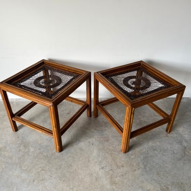 Vintage Faux Bamboo Two - Tier Square Side Tables - a Pair 