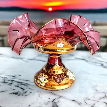 Vintage Bohemia Glass Czech Republic Rococo Cranberry Glass Gold Enameled Paint 