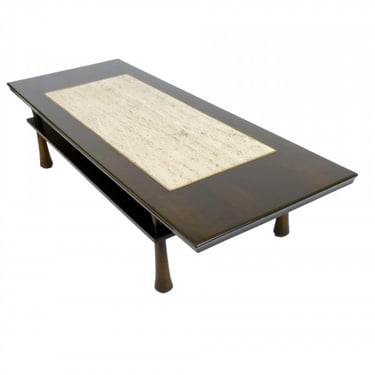 1960s Coffee Table with Travertine and Brass Details