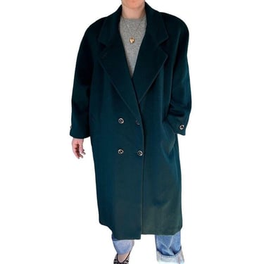 Vintage Ann Milstein Emerald Green Wool Exaggerated Shoulders Trench Coat Sz XL 