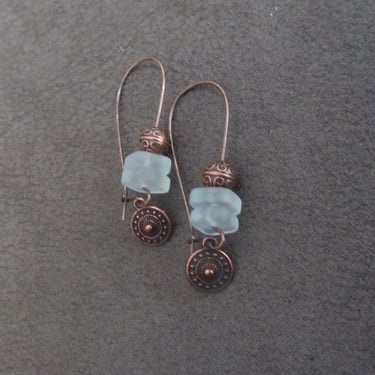 Blue sea glass earrings, boho chic earrings, tribal ethnic earrings, bold earrings, copper earrings, unique artisan earrings, ice blue 22 