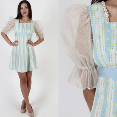 High Waist Pastel Striped Micro Mini Dress, Swiss Dot Sheer Puff Sleeves, Pretty Sunday Style Mod Short Frock 