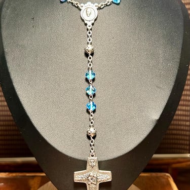 Vintage Vedele All Italy Rosary Iridescent Blue Glass Beads Blessed By Pope 