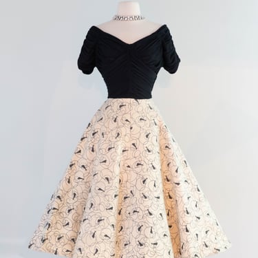 Iconic 1950's Claudia Young Cocktail Dress With Novelty Print Felt Skirt & Draped Bodice / Small