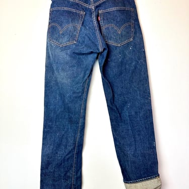 Vintage Levi’s 505 Red tab Big E 505-0217 1970’s Talon 42 zipper dark denim/paint splatter/ slight distress dark denim size 34”L X 34”L Stf 