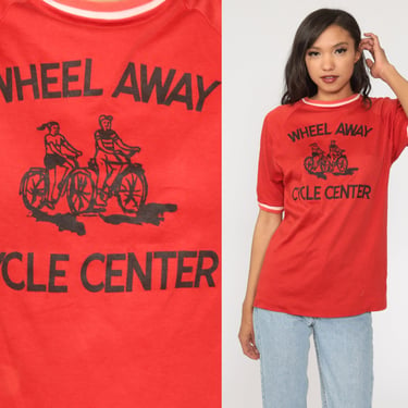 Bike Shirt WHEEL AWAY Cycle Center Shirt Bicycle Tshirt Single Stitch Ringer Tee Graphic Tshirt 80s Vintage T Shirt Sports Red Small Medium 