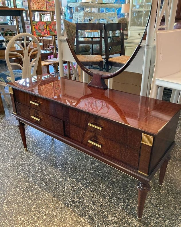 French empire style 4 drawer rosewood dressing table with mirror. 47” x 16” x 24.5, top of mirror, 63.5” Call 202-232-8171 to purchase