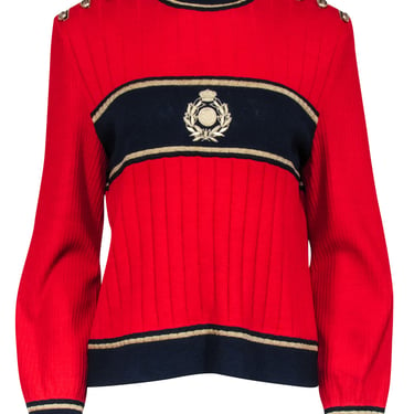 St. John - Red Knit Sweater w/ Gold &amp; Navy Detail Sz M
