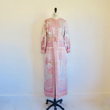 Vintage 1970's Jon Mandl Pink Lavender Silk Jacquard Long Maxi Evening Dress Asian Motif Print Cocktail Party Formal Mod 30