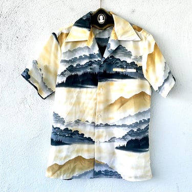 Vintage 70s Landscape Hawaiian Aloha Shirt // 1970s Hawaii Disco Large Collared Top 