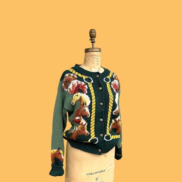 Vintage Cardigan Retro 1990s Millers + Sportific Collection + Equestrian + Horses + Size Medium + Cottagecore + Novelty Print + Sweater 
