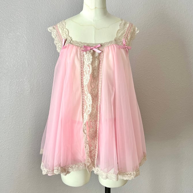 Baby Doll Negligee, Pink Sheer Nightie, Double Chiffon, Short Night ...