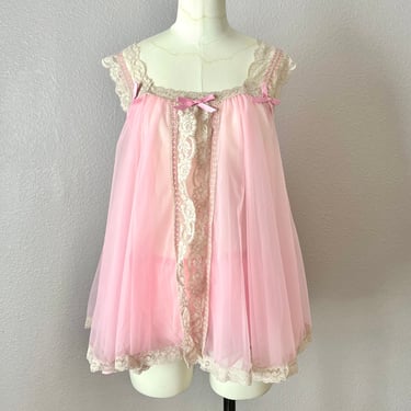 Baby Doll Negligee, Pink Sheer Nightie, Double Chiffon, Short Night Gown, Matching Panty, Vintage 60s 