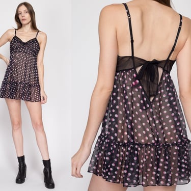 Sm-Med Betsey Johnson Intimates Sheer Babydoll Nightie | Y2K Designer Black Pink Polka Dot Lingerie Chemise Mini Dress 