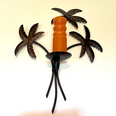 Vintage 90s Metal Palm Tree Candleholder Wall Sconce 