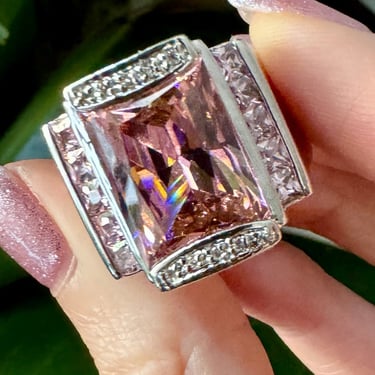 Huge Pink Crystal Sterling Silver Cocktail Ring Size 9