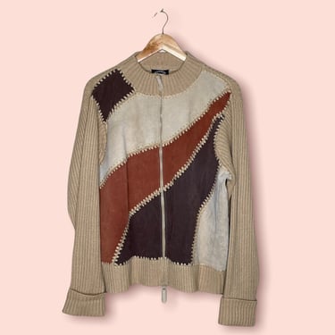 Vintage Retro Brown Burnt Orange Suede Zip Up Cardigan Sweater Jacket, Designers Originals, Size XL 