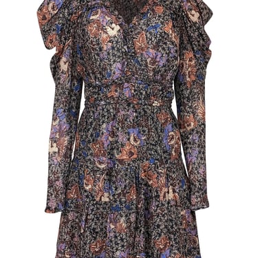 Ulla Johnson - Black, Cream, Blue, Purple & Terracotta Floral Long Sleeve Mini Dress Sz 8