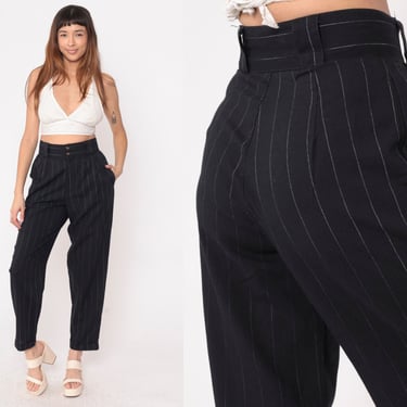 Black Pinstripe Pants 80s Pleated High Rise Trousers Straight Leg Striped Print Retro Cuffed Preppy Office Slacks Vintage 1980s Small 27 