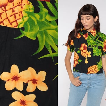 Tropical Pineapple Shirt Hawaiian Print 90s Crop Top Floral Blouse Button Up Shirt Black Vintage Short Sleeve Cropped 1990s Small S Petite 