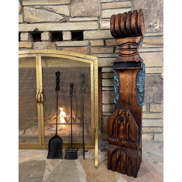 Witco Tiki Mid Century Wood Carved Fireplace Tool Set with Brutalist Accent 