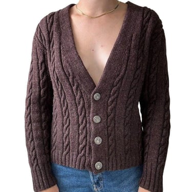 Vintage Womens Hand Knit Brown Wool Cable Fisherman Dark Academia Cardigan Sz M 