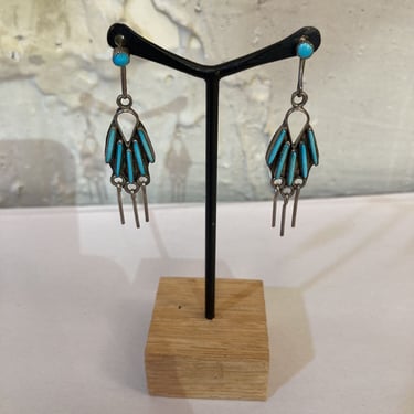 Vintage Zuni sterling & turquoise earrings, 2.25 in long