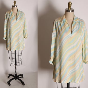 1970s Pastel Blue, Green and Pink Zebra Stripe 3/4 Length Rolled Cuff V Neck Blouse by Lady Devon -XL 