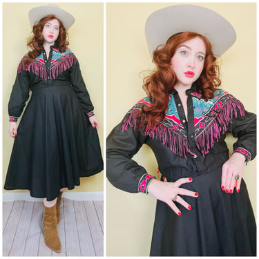 1980s Vintage Circle T by Marilyn Lennox Pink Fringe Dress / 80s Black Cotton Southwestern Belted Western Dress / Medium 