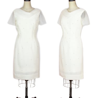 1950s Dress ~ Rhinestone Studded White Nylon Wiggle Dress 