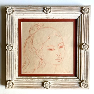 Original Han Snel Conte Drawing Portrait of Balinese Beauty 1960 Listed Artist 