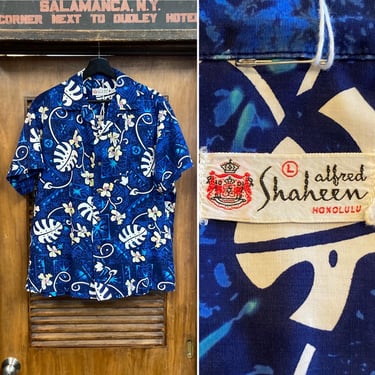 Vintage 1950’s Size L “Shaheen’s” Vanda Tapa Cotton Tiki Loop Collar Hawaiian Shirt, Signed Selvedge, 50’s Vintage Clothing 