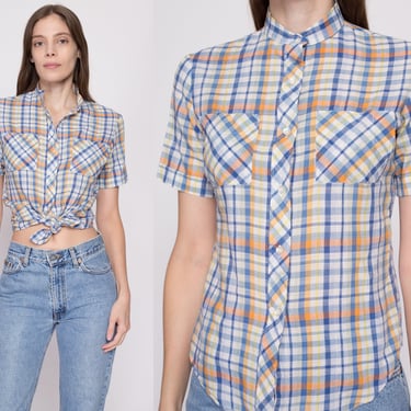 Small 70s Plaid Button Up Top | Retro Vintage Short Sleeve Chest Pocket Shirt 