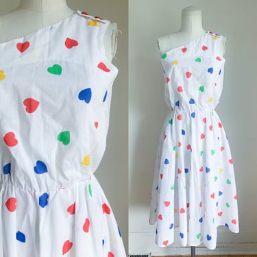Vintage 1980s Heart Print One-Shoulder Dress / XS - S 