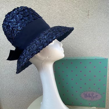 Vintage 70s boater brim navy blue straw cello hat grosgrain ribbon sz 21” by Eva Mae Modes with box 