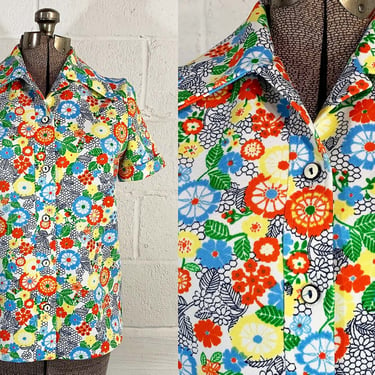 Vintage Fem-E-Nits Floral Collared Shirt Button Front Short Sleeve Top Pointed Collar Small Colorful Flower Power Large 1960s 