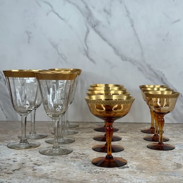 Gold-Rimmed Tiffin Glass Sets - Vintage Barware, Rambler Rose, Laurel Leaf 