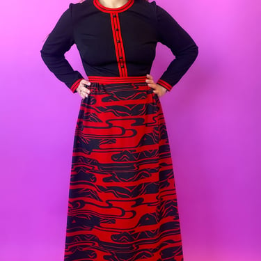 1960s Black and Red Abstract Maxi Dress, sz. M