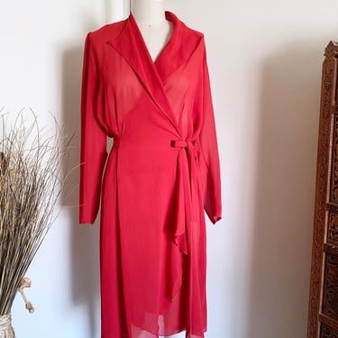 Vintage 80's Red Chiffon Wrap Dress, S 