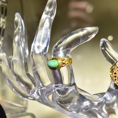 Vintage Chinese 22KT Jade Ring, Natural Green Jade Cabochon, Ornate Yellow Gold Setting, Gemstone Saddle Ring, Size 4 3/4 US 