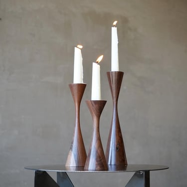 Turned Walnut Graduated Candlestick Holders 