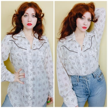 1970s Vintage Cotton Floral Men's Western Shirt / 70s Cream Pearl Snap Button Up Blouse / XL 