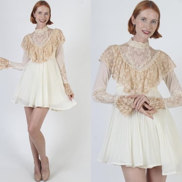 60s White Victorian Wedding Dress, Bridal Party Sheer Lace Capelet, Vintage Cream Antique Ruffle Mini Gown 