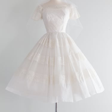 Darling 1950's Tea Length Wedding Dress and Veil / Waist 26"