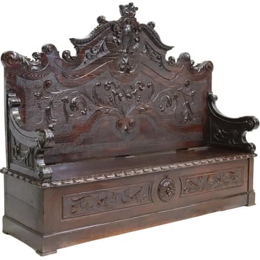 Antique Hall Bench, Renaissance Revival, Carved, Oak, Coffer-Base, 19th, 1800s