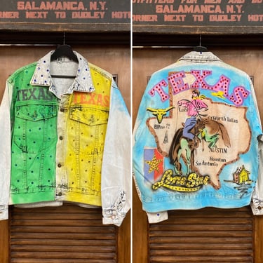 Vintage 1980’s Texas Theme Painted with Jewels Denim Jacket, 80’s Rhinestone, 80’s Denim, 80’s Jacket, Vintage Clothing 